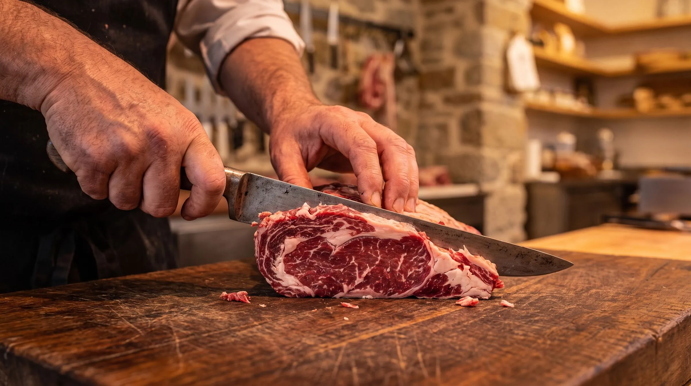 Carnicero cortando un chuletón
